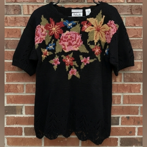 Arlando Sweaters - Vintage Arlando 90s Floral Knit Sweater Pointelle Embroidered Womens M Spring